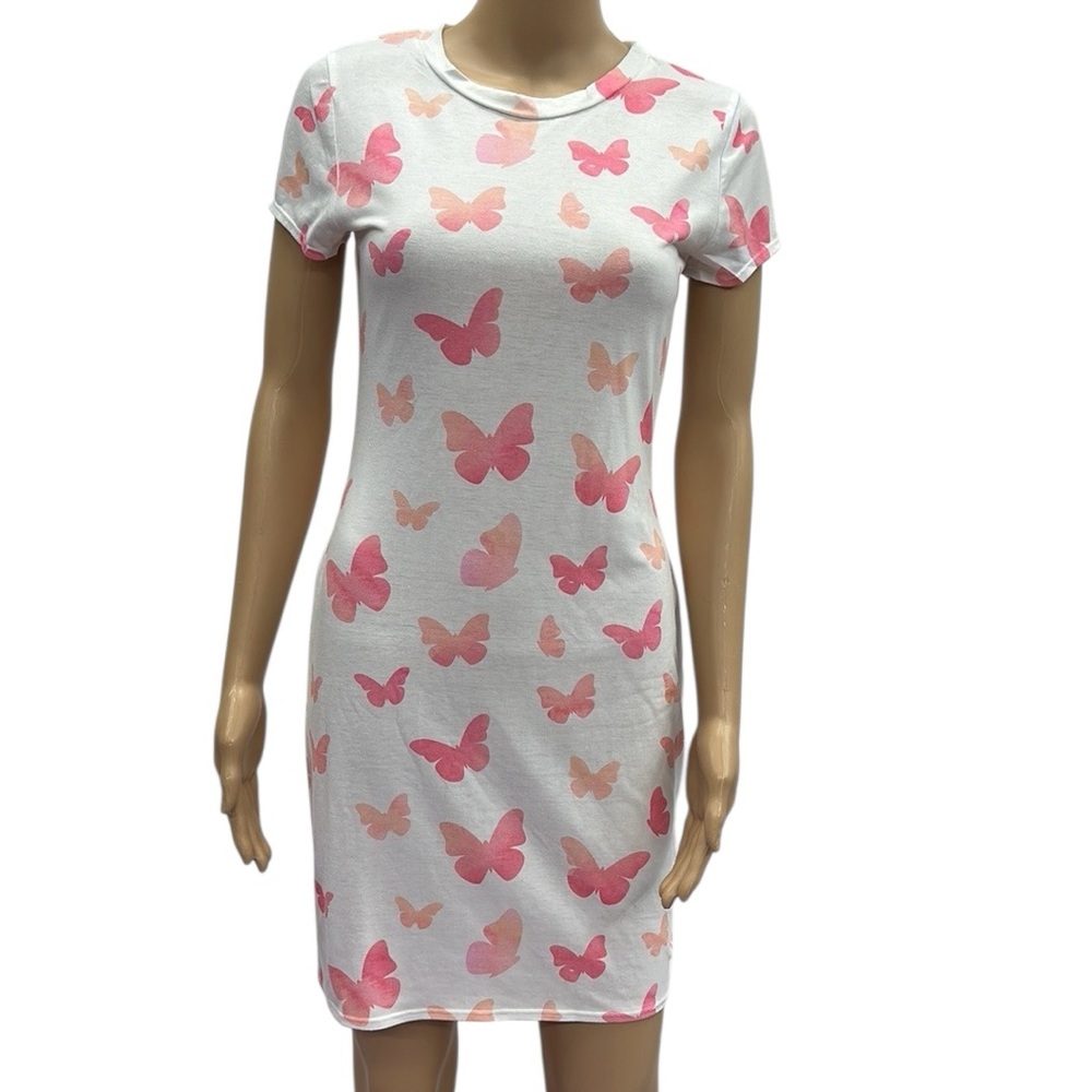MRT 1030 White Butterfly Print Short Sleeve Tee Shirt Dress Womens Medium